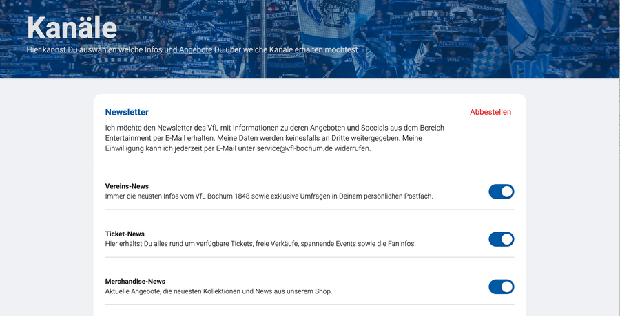 Self-service preference center with newsletter channel toggles