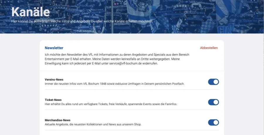 Self-service preference center with newsletter channel toggles