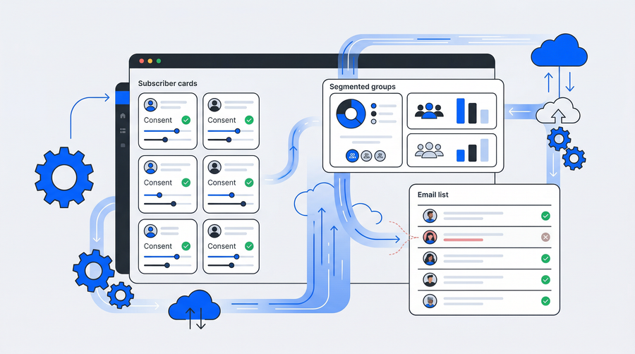 Newsletter subscription management: subscriber consent profiles, audience segmentation, and clean email list in a unified platform