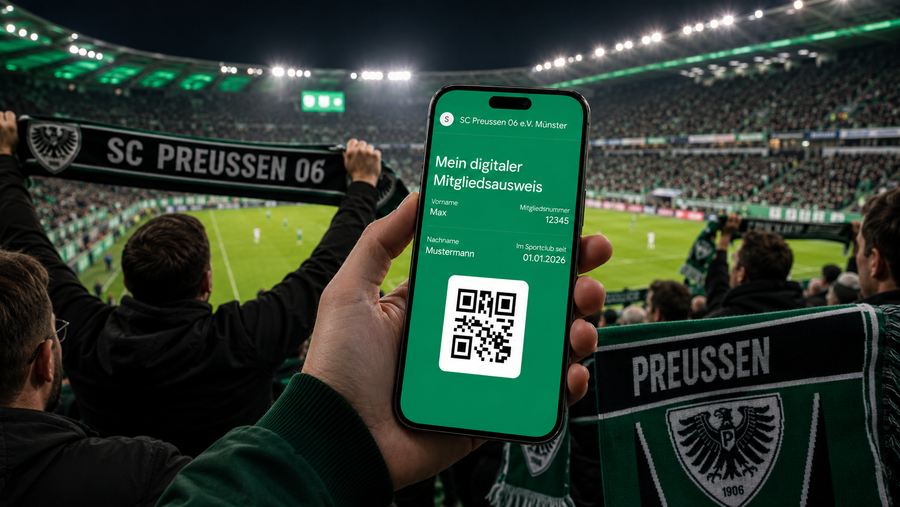 SC Preußen Münster supporter in the stadium holding a smartphone displaying the digital membership card wallet pass